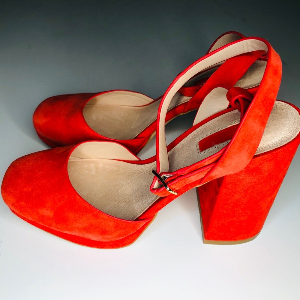 TopShop Suede Red Scarlet Chunky Platform Heels - Picture 9 of 13